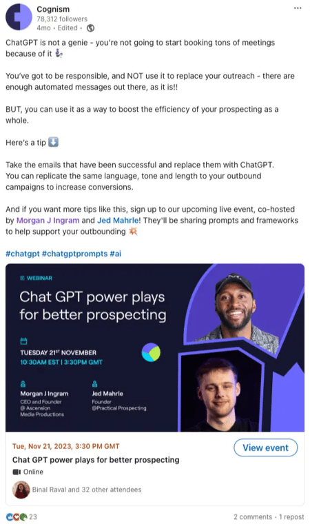Screenshot of a LinkedIn Event hosted by Cognism